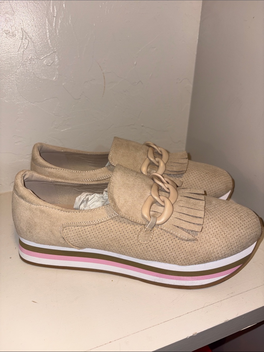 Coconuts by Matisse Beige Platform Loafers with Chain & Fringe